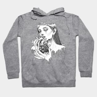 Frost illustration of woman holding ice heart. Hoodie